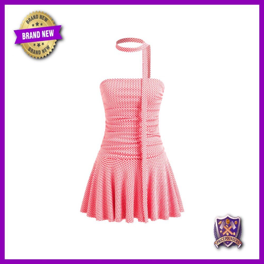 Gingham Ruched Ruffle Mini Dress Tube Style with Scarf Chic Summer - Picture 1 of 7